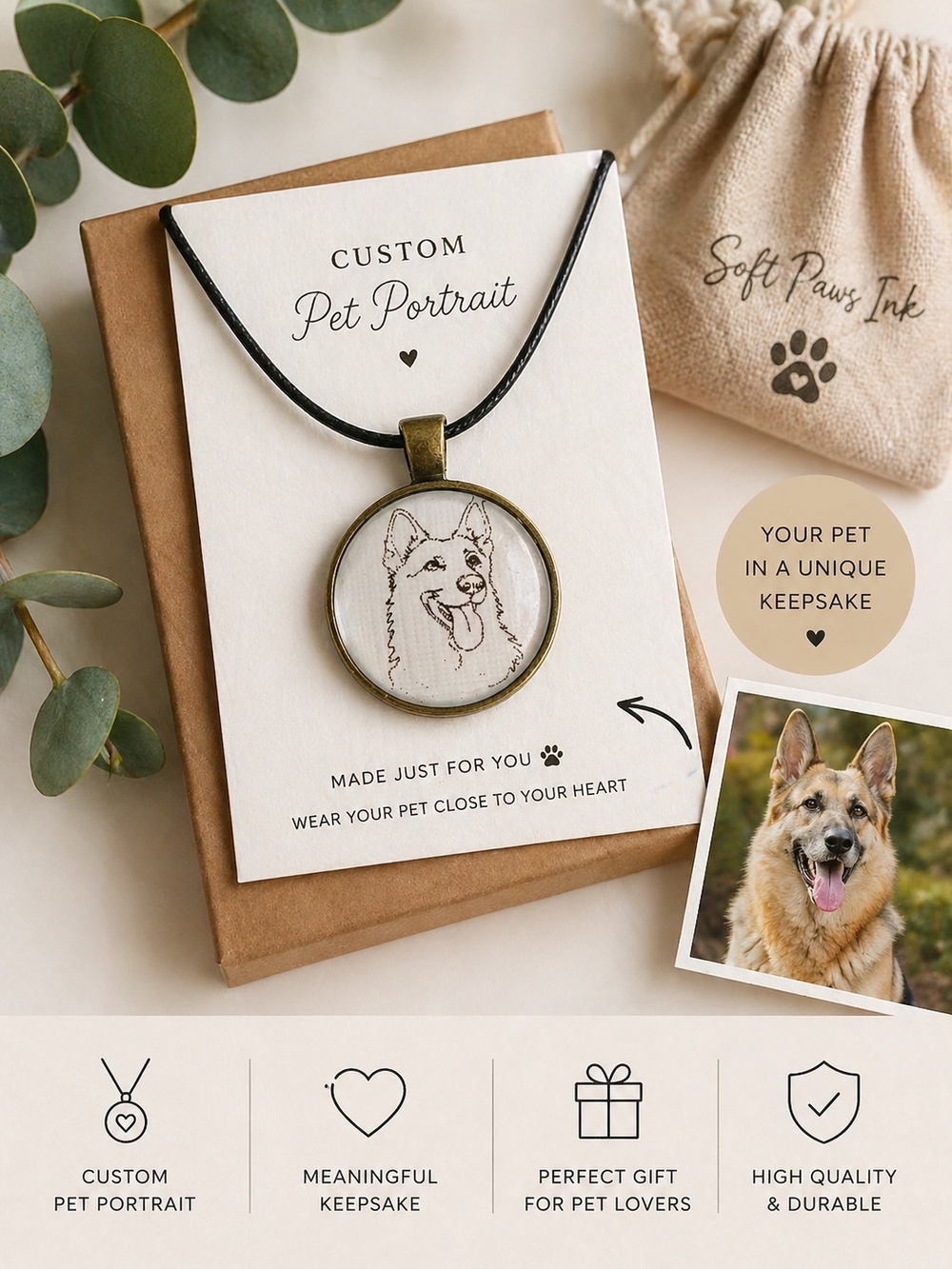 Custom Pet Portrait Necklace - Antique Gold & Black Cord